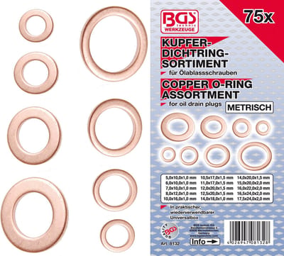 BGS - Koperring assortiment - Metrisch - 75 delig - Dichtringen - Afsluitringen - Universeel - Benzineleiding - Olie aftapbout - Hydroliek Slangen - Remleiding - Universeel - Werkplaats - Auto - Motorfiets - Boot - Transporter - BGS8132