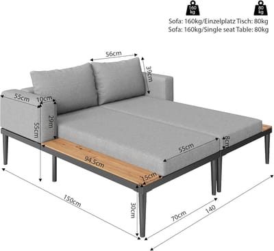 Zonneligstoel 2 Personen Verstelbaar 2-in-1 Bankbed – ABTkantoor Luxe Duo Lounge Ligbed – Outdoor Weerbestendige Tuinbank & Ligstoel – Modulaire Tuin Loungeset voor Terras, Balkon en Tuin – Grijs