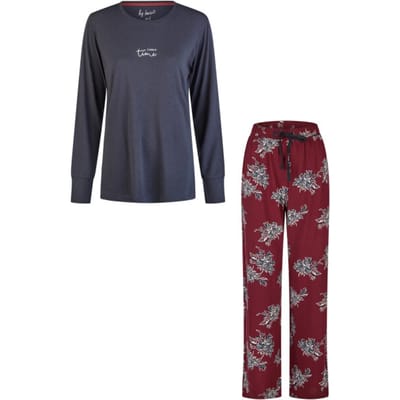 By Louise Dames Pyjama Set Lang Modal/Bamboe Viscose Donkerblauw/Bordeaux Rood Gebloemd - Maat S