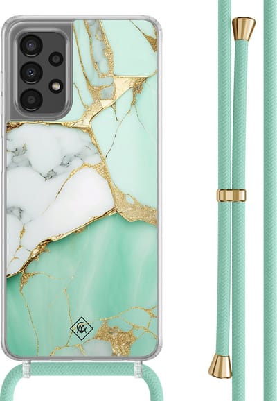 Casimoda® hoesje met mintgroen koord - Geschikt voor Samsung A13 4G - Marmer Mintgroen - Afneembaar koord - TPU/polycarbonaat - Mint