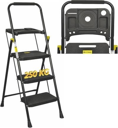 Ruimtebesparende klapkruk met gereedschapsbak en antislip treden voor maximaal 150 kg