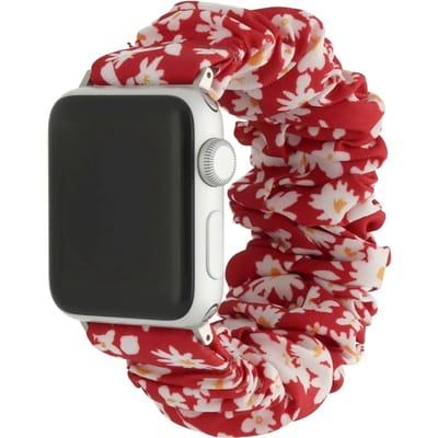123watches bandje Bloomsy - scrunchie - nylon - bloemen rood - 38 · 40 · 41 & 42 mm · S/M - Geschikt voor Apple Watch series 1/2/3/4/5/6/7/8/9/10/11/12/SE/SE2/SE3