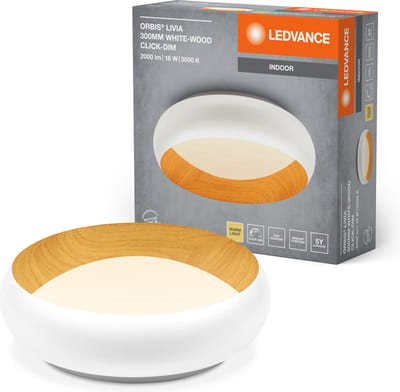 LEDVANCE ORBIS Livia LED plafondlamp met metalen ring, wit/hout decor, 16W, 750lm, 3000K, 300mm, 830 vriendelijk warm wit, dimbaar in 3 niveaus door te klikken, IP20, inclusief schroeven/pluggen