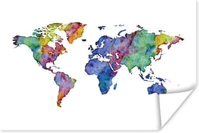 Poster 30x20 cm - Wereldkaart - Waterverf - Regenboog - Posters - Kamer decoratie - Wanddecoratie woonkamer - Muurdecoratie slaapkamer