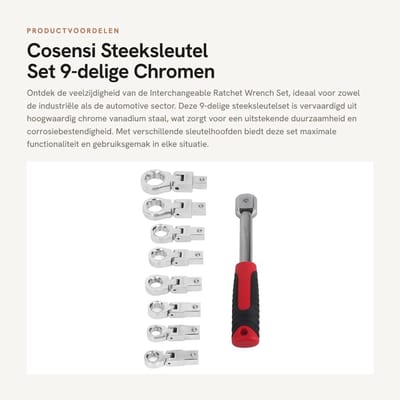 Dailygoods- Ratelsleutelset 9-Delig - Chrome Vanadium Staal - Interchangeable Wrench Heads - Slijtvast - Gemakkelijk Toegankelijk - Gegraveerde Specificaties - Steeksleutelset