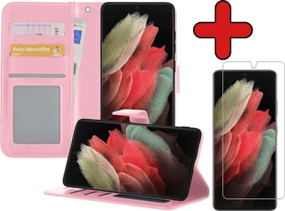 Hoesje - Met Screenprotector - Geschikt voor Samsung Galaxy S21 Ultra - Luxe Pasjeshouder - Flipcase - Bookcase Portemonee - Flip Case - Kunstleer Book Case - Book Cover - Walletcase - Portemonneehoes - Telefoonhoes - Lichtroze