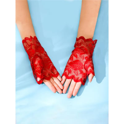 1 paire Gants de soirée transparents respirants avec décoration rose en dentelle noire one-size rouge