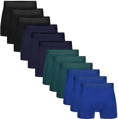 Bamboo Basics Heren Bamboe Boxershorts Rico (12-pack) - Zwart, Navy, Petrol & Blauw Ton Sur Ton - Ondergoed Heren - Boxershort Heren Lange pijp - Maat S