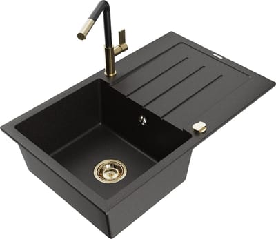 Mexen Bruno granieten spoelbak 1-komorige met afdruiprek en keukenkraan Flora, zwart/goud metallic - 6513-75-670401-57-G