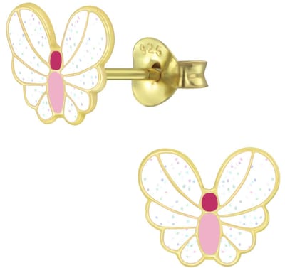 Joy|S - Zilveren vlinder oorbellen - 8 x 7 mm - glitter wit - gold plated
