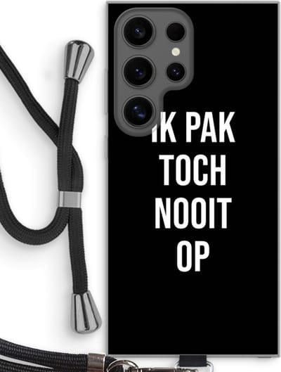 Case Company® - Hoesje met koord geschikt voor Samsung Galaxy S24 Ultra hoesje met Koord - Ik pak nooit op - Zwart - Telefoonhoesje met Zwart Koord - Bescherming aan alle Kanten en Over de Schermrand