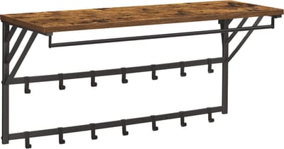 ACAZA Kapstok - Wandkapstok - Kapstok Hangend - 90 x 30 x 44 cm - 14 Haken met Plank en Kledingstang - Vintage Bruin
