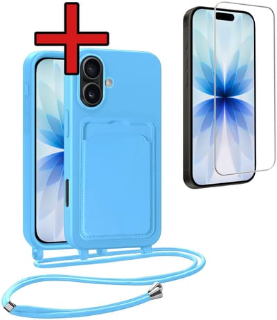 Hoesje Geschikt voor iPhone 17 Hoesje Met Telefoonkoord en Pasjeshouder Met Screenprotector Siliconen - Hoes Geschikt voor iPhone 17 Hoesje Met Kaarthouder Case - Lichtblauw