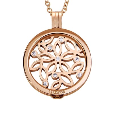 Quiges - Munthouder met Ketting en Munt 33mm Zirkonia Bloemen - RVS Rosegoudkleurig - ERHS473