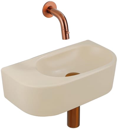QeramiQ Fuente Fonteinset - 40x21.5x12cm - glad - halfrond - zonder kraangat - keramiek - fonteinkraan geborsteld koper - afvoerplug - verlaagd sifon - beige