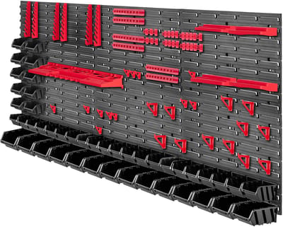 KADAX Gereedschapswandrek, groot, 174 x 78 cm, opslagsysteem van robuust kunststof, uv-bestendig modulesysteem, uitbreidbare wandplaten, werkplaatsrek voor garage (rood en zwart, 110 stuks)