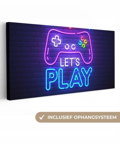 Canvas schilderij 40x20 cm - Wanddecoratie Gaming - Neon - Let's Play - Controller - Quotes - Muurdecoratie game room - Gaming kamer decoratie - Gameroom accessoires - Schilderijen