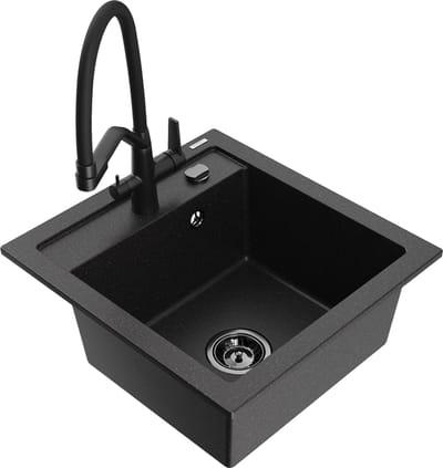 Mexen Vito granieten spoelbak met 1 kom en keukenmengkraan Duo, zwart/zilver metallic - 6503-73-671701-70-B