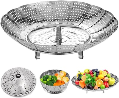 Stoompan Inzet - Stoommand Vergrootbaar - Gezond Koken - Verstelbare Grootte - Compact Opvouwbaar - Zilverkleurig