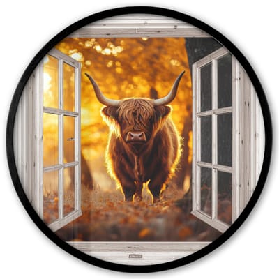 Poster in lijst Rond - Fotolijst 40x40 cm - Posters - Schotse hooglander - Bos - Herfst - Dieren - Natuur - Bladeren - Doorkijk - Ronde posterlijst zwart - Decoratie - Wanddecoratie woonkamer - Muurdecoratie slaapkamer