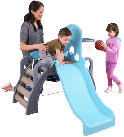 KidKraft 5-in-1 Sport Klimrek voor Peuters - Speeltoestel met Glijbaan, Voetbaldoel, Basketbalring en 3 Ballen - Hout, Binnen en Buiten