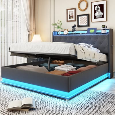 STILVORA Gestoffeerd Bed 140x200 cm – Ledverlichting Met Kleuren – Usb Oplaadpunt – Hydraulische Opbergruimte – Metalen Lattenbodem – Zonder Matras – Grijs