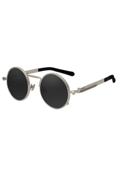 KIMU® Ronde Zonnebril Hipster - Zilver Montuur Rond - Zwarte Glazen - Vintage Retro Hippie Zilveren Brilletje Sixties Seventies Festival