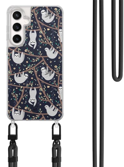 Hoesje met koord geschikt voor Samsung Galaxy S24 FE - Luiaard print - Inclusief Zwart koord - Crossbody beschermhoes - Transparant, Beige - Mooie Telefoonhoesjes