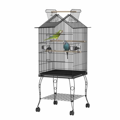 Metalen vogelkooi 55x55x145cm, parkietenkooi met zitstok, houten standaard, valkparkietenkooi, draagbare volière met dakraam, deur, voerbak, uitneembare lade en wielen NAIZY
