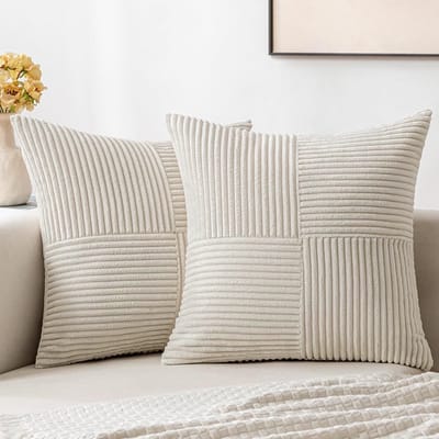 2 stuks decoratieve sierkussenhoezen voor woonkamerbankbed, rustieke boerderij Boho woondecoratie, zachte corduroy patchwork textuur vierkante kussenhoes (30x50 cm) - beige