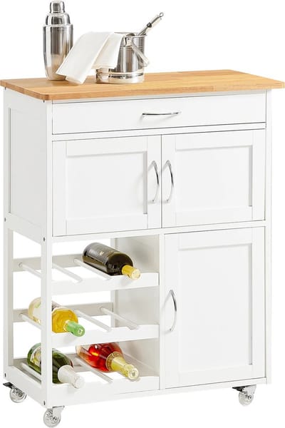 Keukeneiland - Verplaatsbaar - Keukenkast - Dressoir - Organizer - Kasten - Houten Werkblad - 3 Deuren - Wit