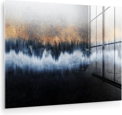 MuchoWow® Glasschilderij 160x120 cm - Schilderij acrylglas - Abstract - Goud - Luxe - Blauw - Foto op glas - Muurdecoratie woonkamer - Wanddecoratie slaapkamer - Schilderijen