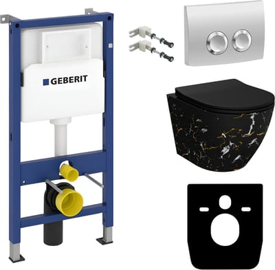 GEBERIT SOFI SLIM FIRE - Inbouwreservoir WC - Chromen drukplaat rond - Rimless wandcloset - Zwart Mat Marmer