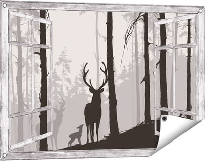 Gards Tuinposter Doorkijk Herten in het Bos - Silhouet - 90x60 cm - Tuindoek - Tuindecoratie - Wanddecoratie buiten - Tuinschilderij