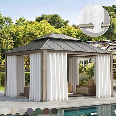 MUPOO Extra Brede Buitengordijnen Waterdicht & Windbestendig 254cm- Met Dubbele Bevestiging Boven en Onder - Verduisterend & UV Werend - Outdoor Gordijnen voor Overkapping, Balkon & Tuin - 254x213 cm - Grijswit - 1 Stuk (Rideau Extérieur Imperméable)