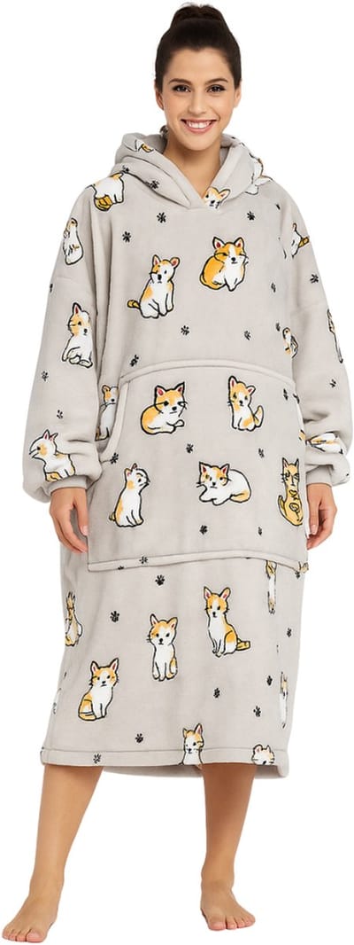 Hoodie deken extra lang- capuchon deken - fleece deken met mouwen en capuchon – Oversized hoodie deken met mouwen – Draagbare deken - Fleece TV deken – Plaid met mouwen – Warm & zacht – Fleece poncho - katten