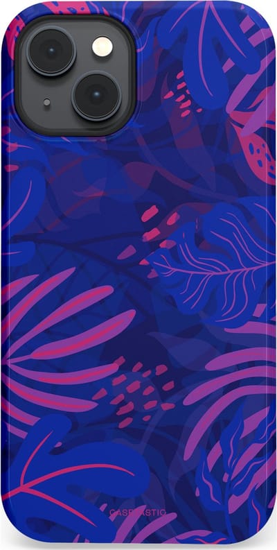 Casetastic hoesje geschikt voor Apple iPhone 14 Plus - MagSafe - Dubbellaagse bescherming - Neon jungle blad - Fashion Case - Donkerblauw Lavendel Roze