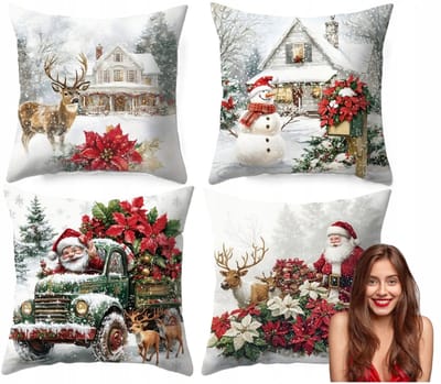 Kerstkussenhoes Set 4-Pack – Rood & Wit – Santa, Snowman & Winterhuis Designs – 45x45 cm – Luxe Feestelijke Sierkussenhoezen voor Woonkamer, Slaapkamer & Kerstdecoratie