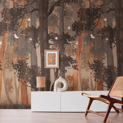 Fotobehang Profhome 392371-GU vliesbehang hardvinyl warmdruk in reliëf glad met bosmotief mat blauw beige oranje 1,59 m x 2,8 m