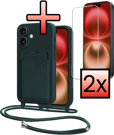 Hoes Geschikt voor iPhone 16 Plus Hoesje Pasjeshouder Cover Met Koord Case Siliconen Hoes Met Telefoonkoord en Kaarthouder Met 2x Screenprotector - Donkergroen
