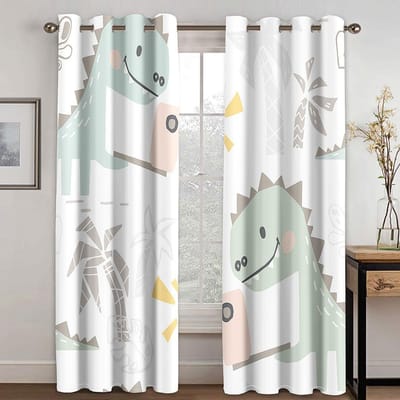 Cartoon Stijl Kinderkamer Gordijnen Jongens En Meisjes Slaapkamer Ruimte Schattige Dinosaurus Lichtblokkerend Nieuwe Stijl Kant-en-Klaar Gordijnen BaaiBalkon Ruimte 100W130H(CM)40x51in&Grommet Top