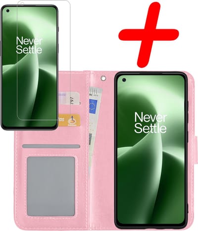 Hoesje Met Screenprotector - Geschikt voor OnePlus Nord 2T - Luxe Pasjeshouder - Bookcase Portemonee - Flip Case - Kunstleer Book Case - Flipcase - Book Cover - Walletcase - Portemonneehoes - Lichtroze