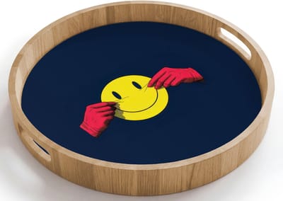 Dienblad rond 40x40 cm - Schootdienblad hout - Smiley - Geel - Handen - Minimalistisch - Borrelplank rechthoek - Plateau houten dienbladen