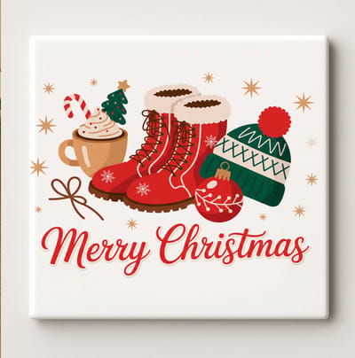 Vrolijk Kerstmis Decoratieve Tegel 15x15 cm – Gezellige Winterlaarzen, Cacao & Muts Ontwerp – Feestelijke Kerst Wanddecoratie