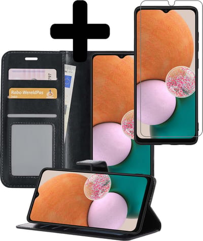 Hoesje - Met Screenprotector - Geschikt voor Samsung Galaxy A13 4G - Luxe Pasjeshouder - Bookcase Portemonee - Flip Case - Kunstleer Book Case - Flipcase - Book Cover - Walletcase - Portemonneehoes - Telefoonhoesjes - Zwart
