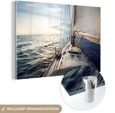 MuchoWow® Glasschilderij 120x80 cm - Schilderij acrylglas - Zee - Zeilboot - Zon - Foto op glas - Muurdecoratie woonkamer - Wanddecoratie slaapkamer - Schilderijen