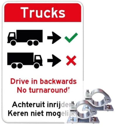 Bord Trucks Achteruit inrijden - Drive in backwards - Weerbestendig Aluminium - 40x60 cm - Bevestiging: Met paalbeugels Ø48mm