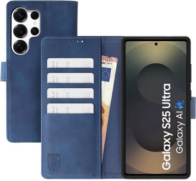 Rosso Element Geschikt voor Samsung Galaxy S25 Ultra | Wallet Book Case | Portemonnee Hoesje | 4 Pasjes | Magneetsluiting | Stand Functie | Blauw