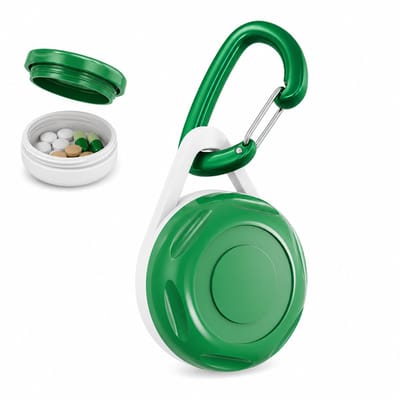 Mini Pillendoos Sleutelhanger – Compact Medicijndoosje voor Onderweg – Pillenhouder voor Reizen, Sleutelbos en Tas – Ø35 mm – Wit/Groen