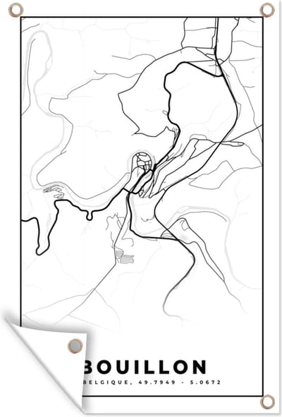 Muurdecoratie België – Bouillon – Stadskaart – Kaart – Zwart Wit – Plattegrond - 120x180 cm - Tuinposter - Tuindoek